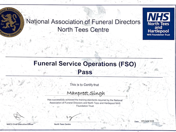 Funeral Service Operations (FSO) Trained and Certified by the
NHS and the National Association of Funeral
Directors